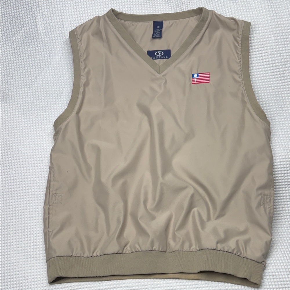 Vantage Men's Tan Golf Vest with Embroidered Tee on Flag - Medium